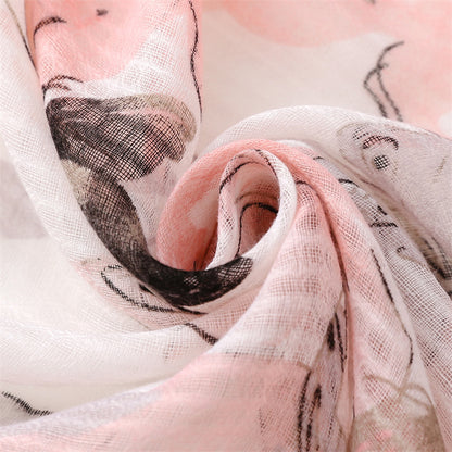 Pink butterflies print long scarf with tassels
