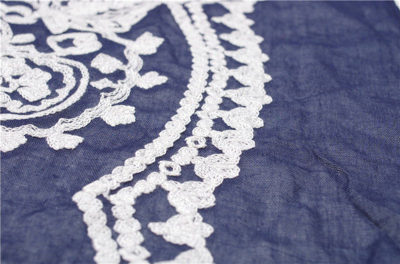 White lace stitched navy scarf