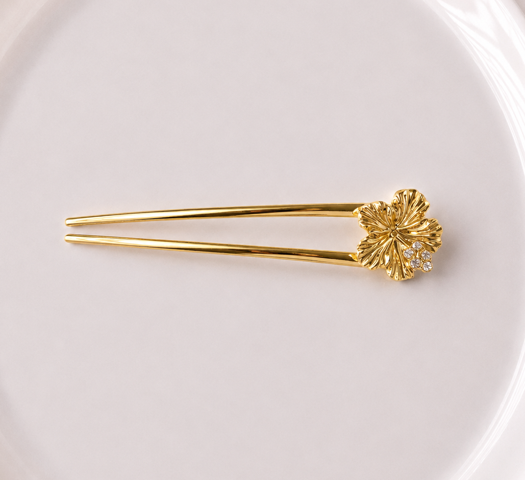 Metallic flower hair fork