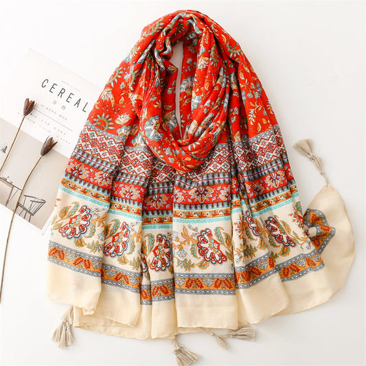 Floral print scarf with tassels in red beige