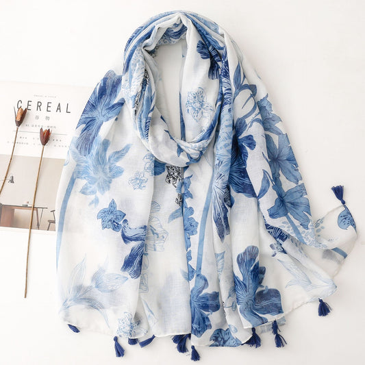 White china blue floral printed scarf with tassels