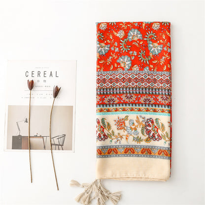 Floral print scarf with tassels in red beige