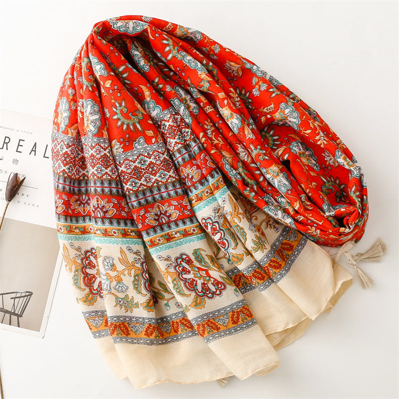 Floral print scarf with tassels in red beige