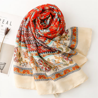 Floral print scarf with tassels in red beige