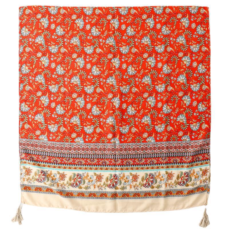 Floral print scarf with tassels in red beige