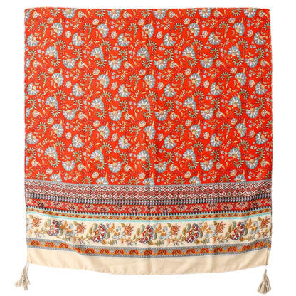 Floral print scarf with tassels in red beige