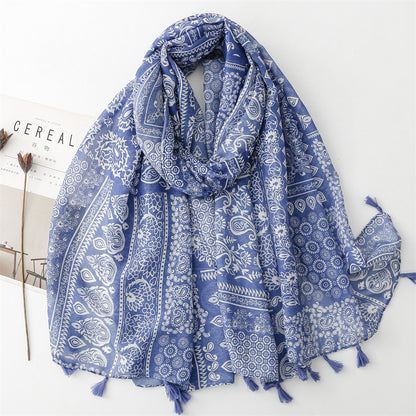 Porcelain patterned long scarf with tassels