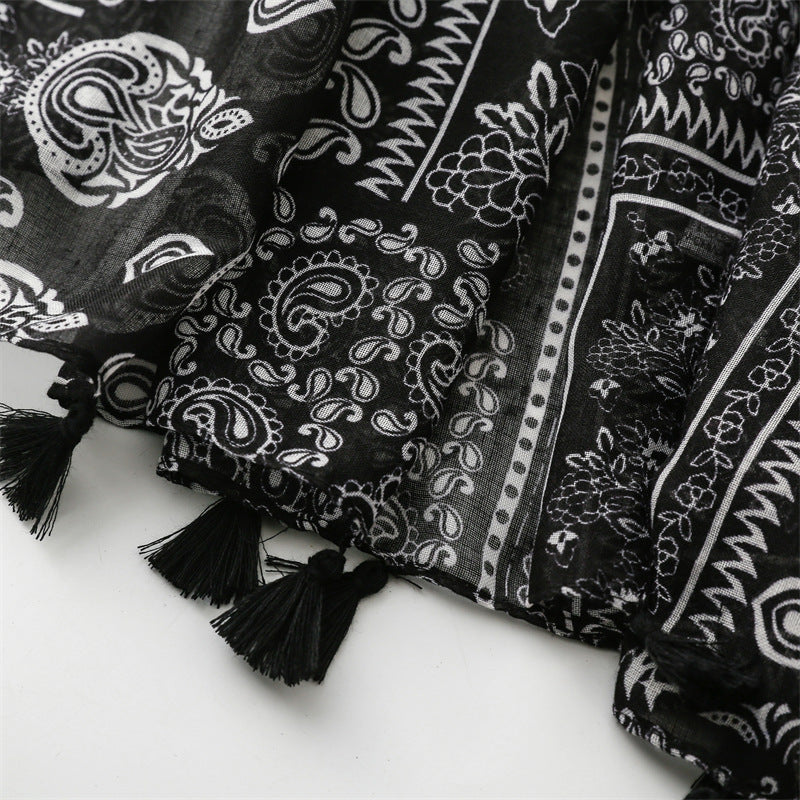 Porcelain patterned long scarf with tassels