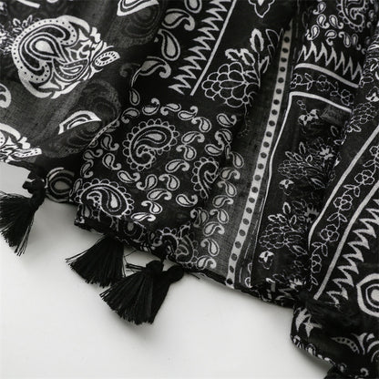 Porcelain patterned long scarf with tassels