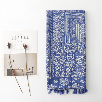 Porcelain patterned long scarf with tassels