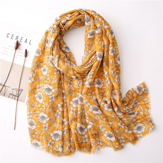 Flowers print gold yellow fringed scarf