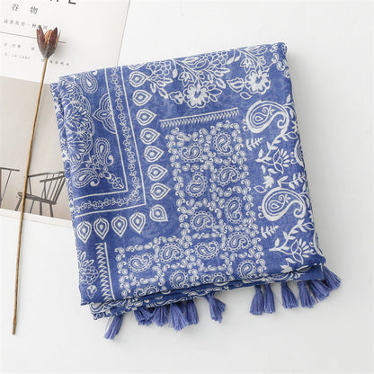 Porcelain patterned long scarf with tassels