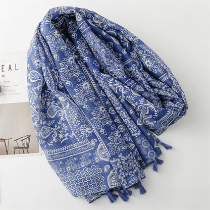 Porcelain patterned long scarf with tassels