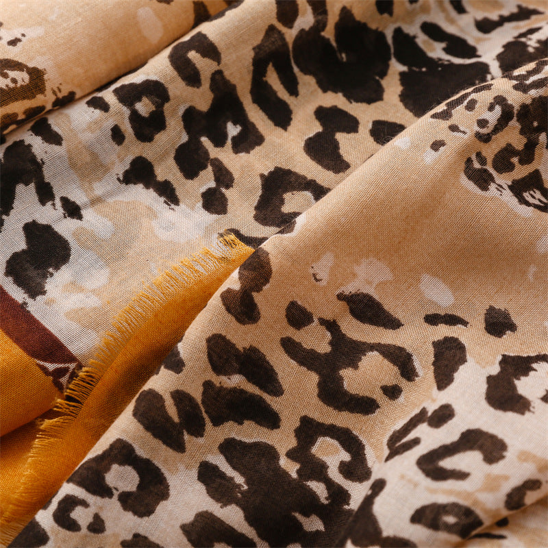 Light coffee leopard print fringed long scarf