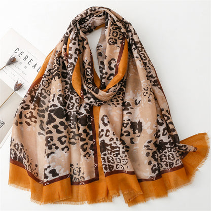 Light coffee leopard print fringed long scarf