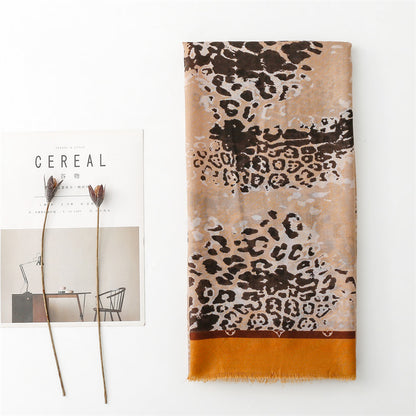 Light coffee leopard print fringed long scarf