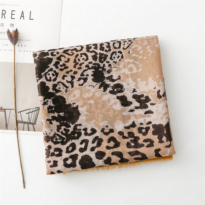 Light coffee leopard print fringed long scarf