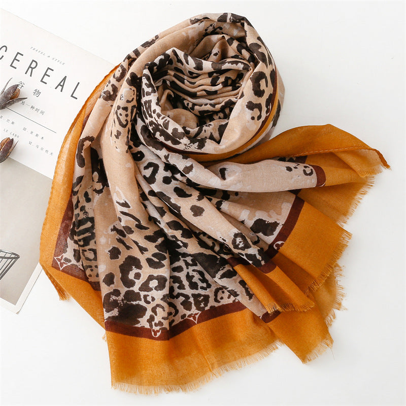 Light coffee leopard print fringed long scarf