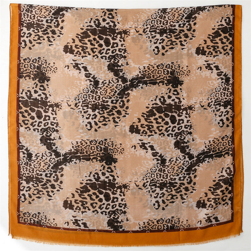 Light coffee leopard print fringed long scarf