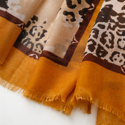 Light coffee leopard print fringed long scarf