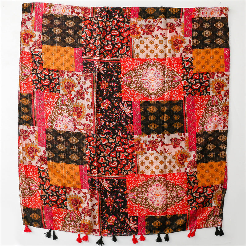 Black red multi-patterned long scarf with tassels