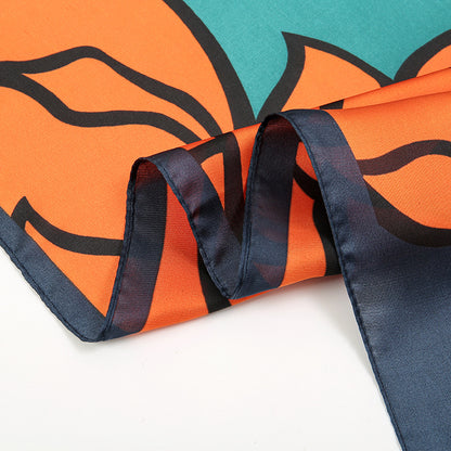 Orange flower print navy teal square scarf