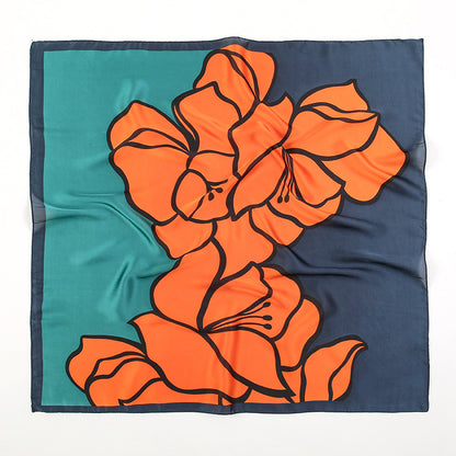 Orange flower print navy teal square scarf