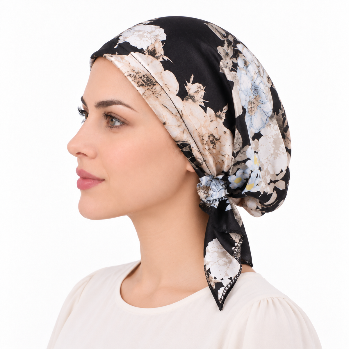Printed satin hair cap with tail
