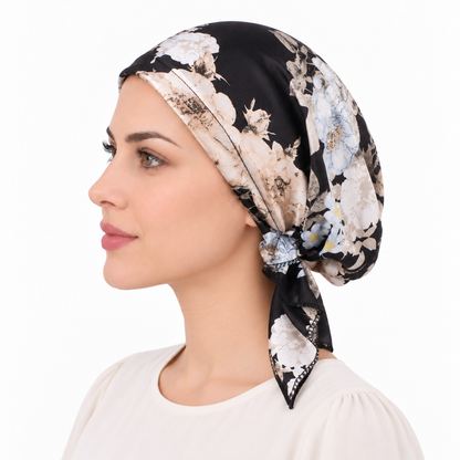 Printed satin hair cap with tail