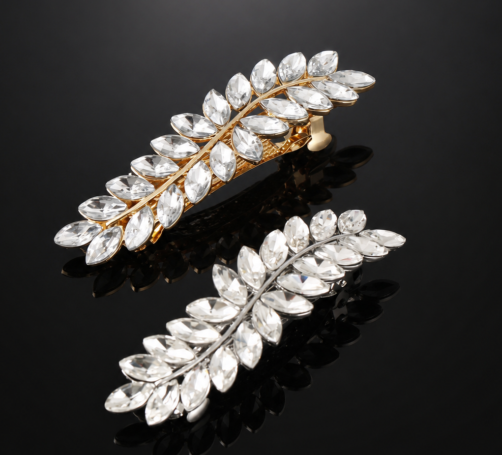 Clear rhinestones leaf branch metal hair barrette