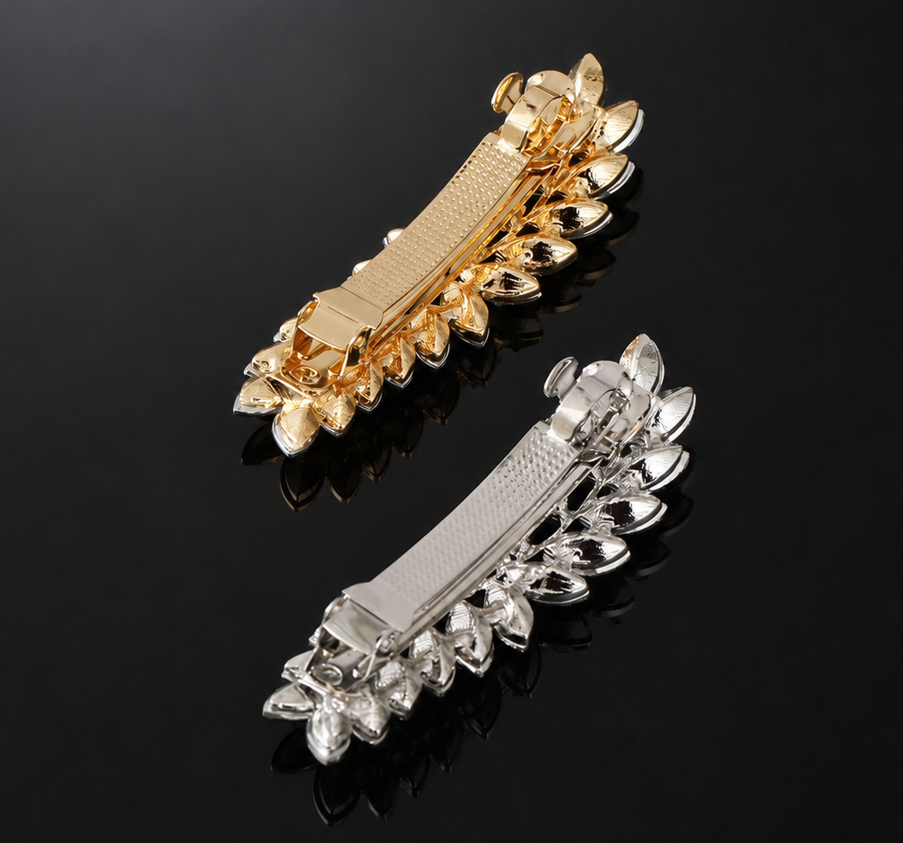 Clear rhinestones leaf branch metal hair barrette