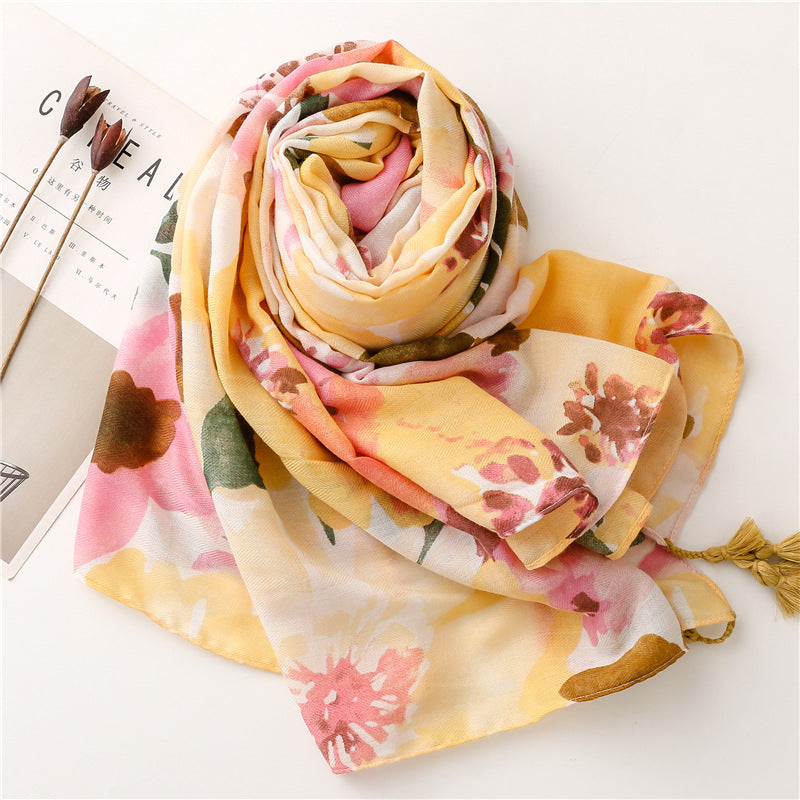 Wet paint large flowers printed scarf with tassels
