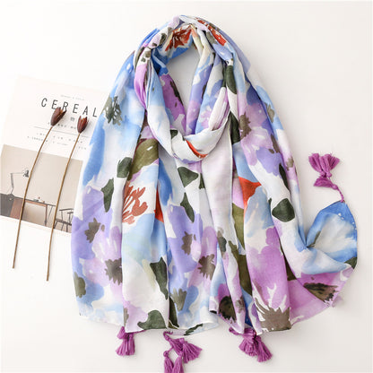 Wet paint large flowers printed scarf with tassels