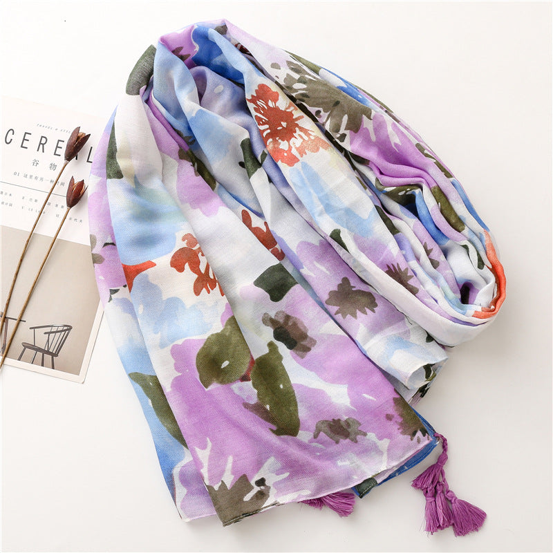 Wet paint large flowers printed scarf with tassels