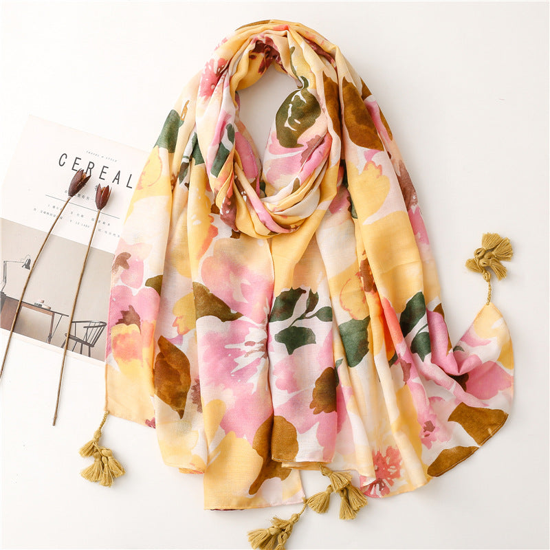 Wet paint large flowers printed scarf with tassels