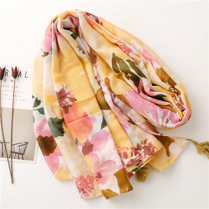 Wet paint large flowers printed scarf with tassels