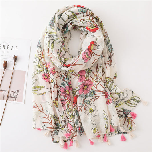 Flower bunch print white scarf with tassels