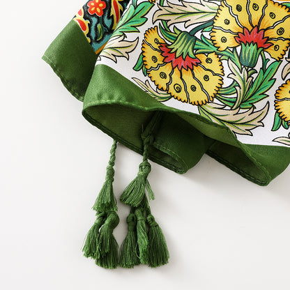 Multicoloured olive green scarf with tassels