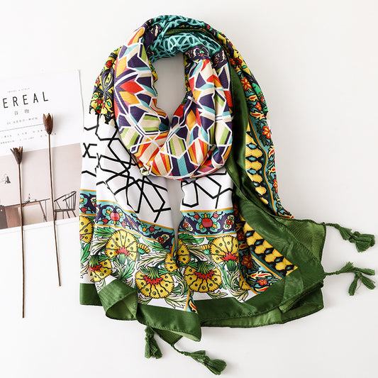 Multicoloured olive green scarf with tassels