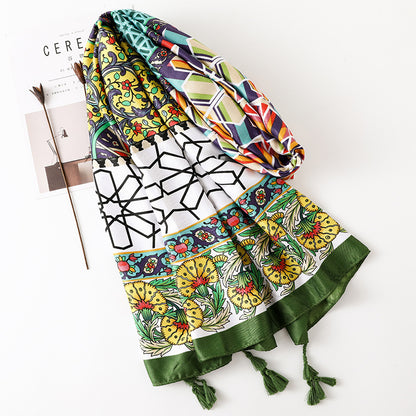 Multicoloured olive green scarf with tassels