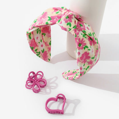 Fuchsia pink floral knotted headband and clips pack