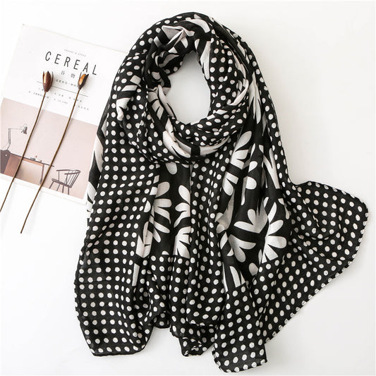 Floral and polka dots print black wite scarf