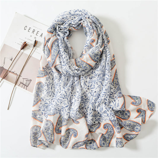 White blue floral paisley print scarf