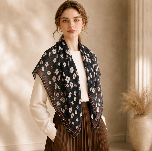Lace edged flowers print large square scarf