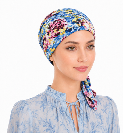 Multicoloured hair cap with tail
