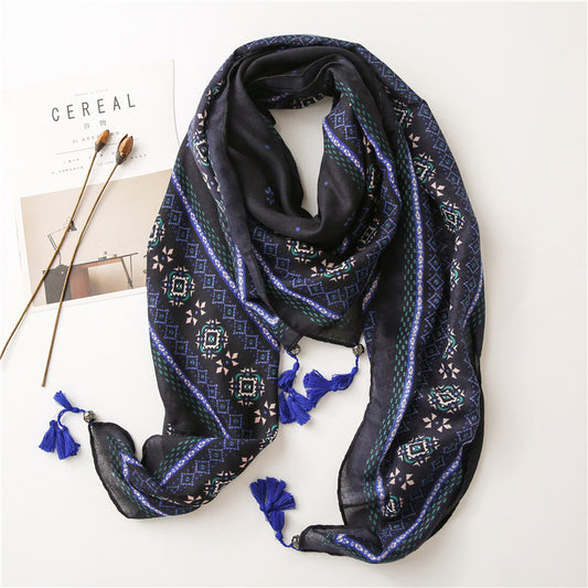 Black royal blue geometric prints square scarf with beads tassels