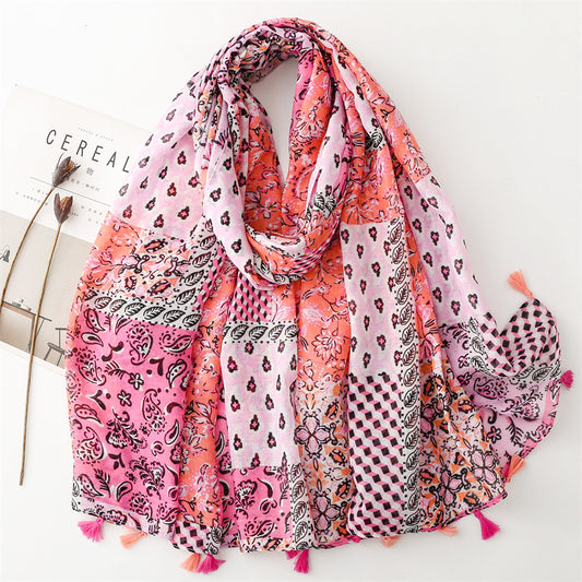 Multipatterned pink long scarf with tassels