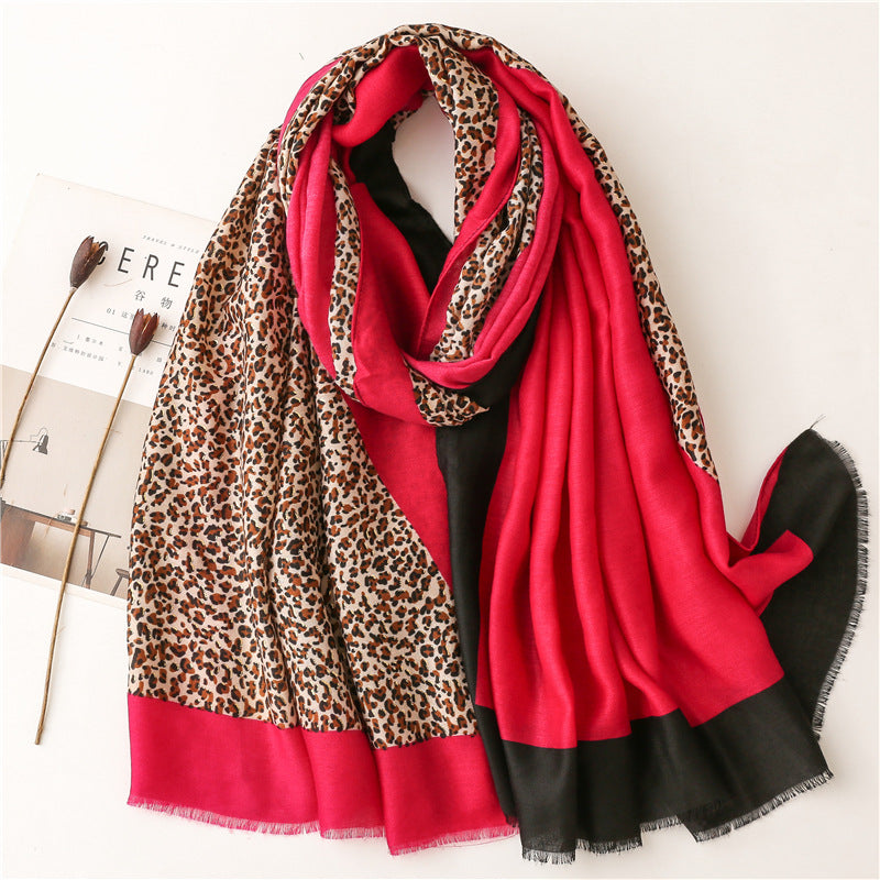 Mixed hot stamped leopard print fringed scarf