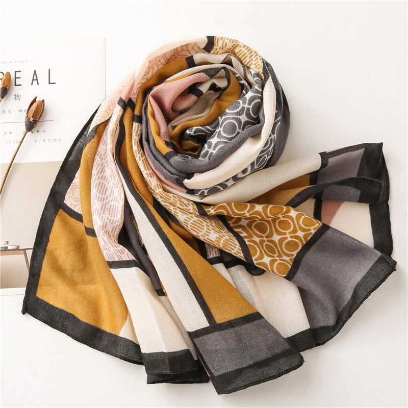 Multicoloured geometry patterned long scarf