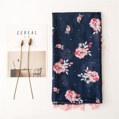 Pink flowers print dark navy scarf with tassels